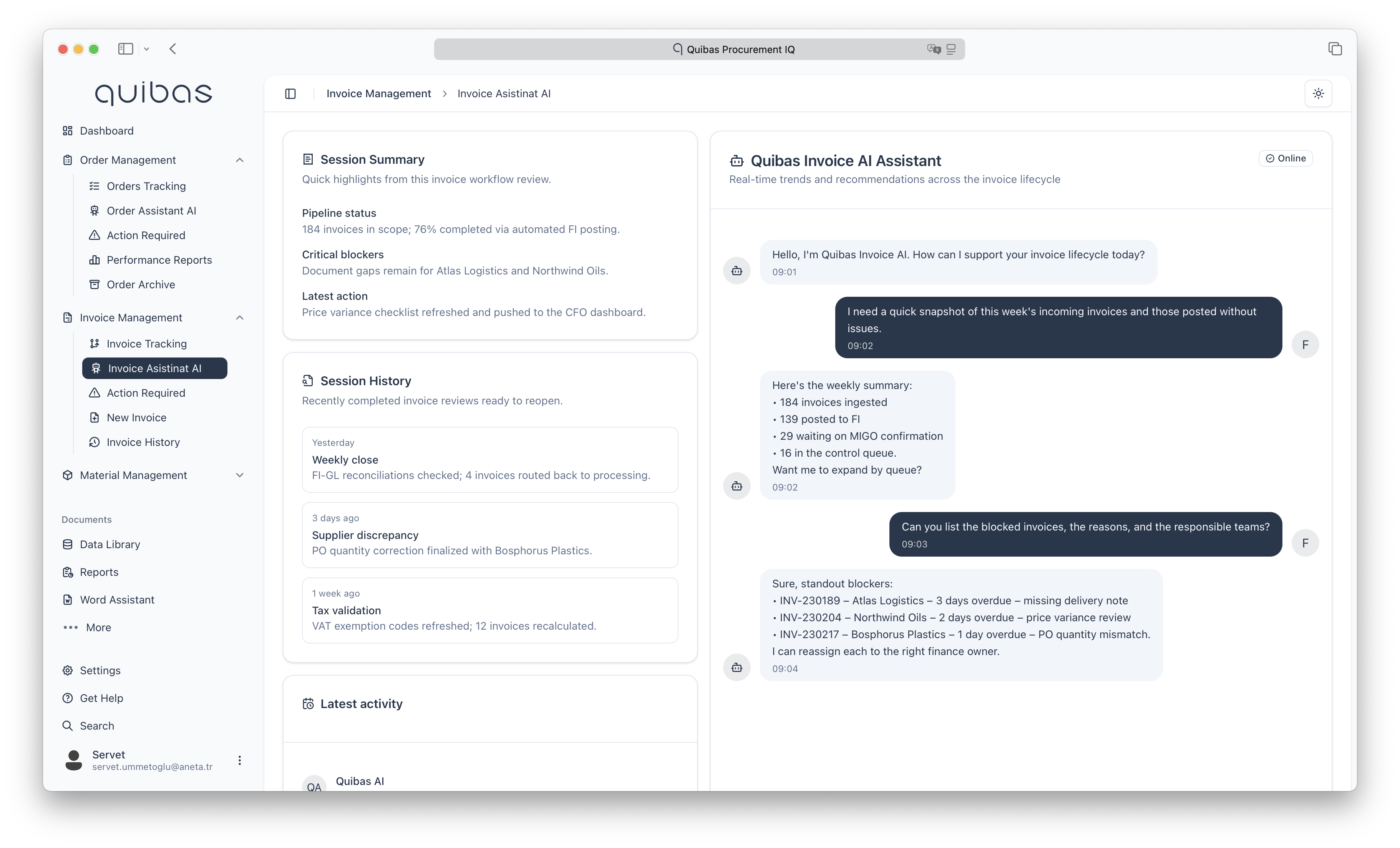 Quibas ERP Entegrasyon Dashboard - Finansal analiz ve sistem entegrasyonu ekranı