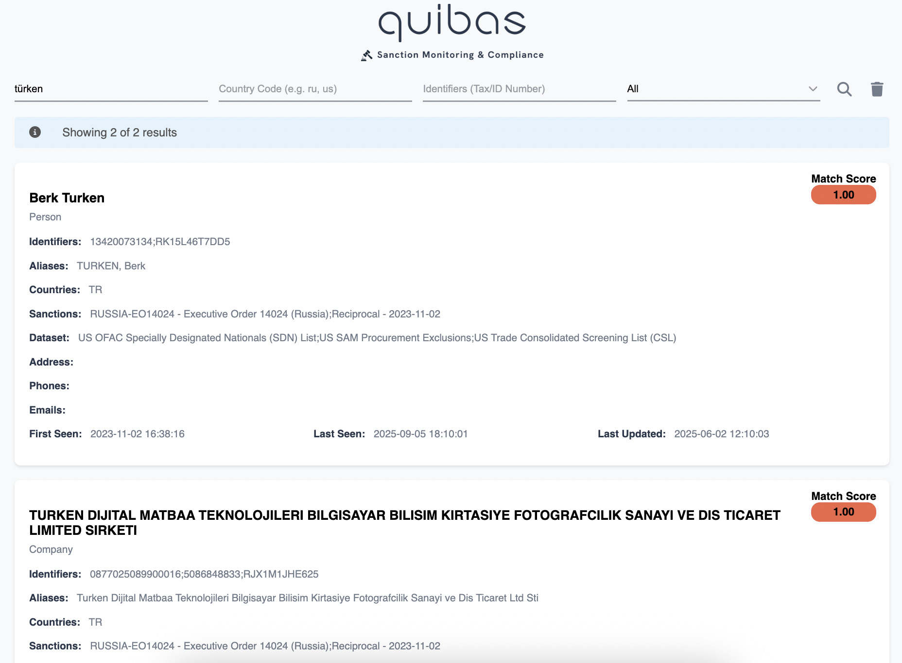 Quibas Yaptırım Kontrolü Dashboard - Otomatik sanction monitoring ve uyumluluk takip ekranı